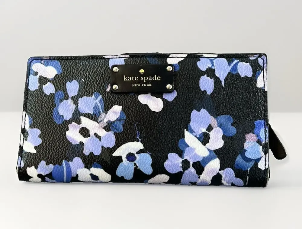 Kate Spade Stacy Grove Street Bifold Card Wallet Black Blue Floral Leather Slim